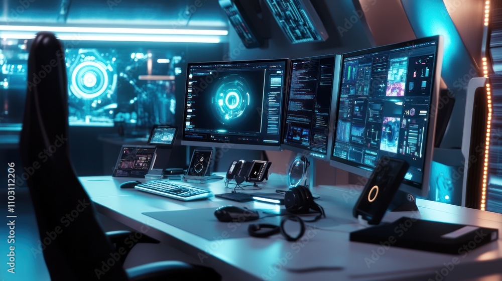 Futuristic Workstation Setup 3D Render Digital Workspace Futuristic Workstation Setup 3D Render Digital Workspace