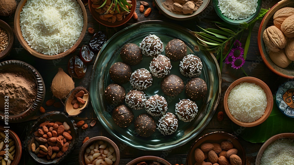 The photo showcases a spread of vegan protein balls made with dates, cacao powder, and shredded coconut, Photography, National Geographic Style, spectacular backdrops, vivid visuals, an awe-inspiring The photo showcases a spread of vegan protein balls made with dates, cacao powder, and shredded coconut, Photography, National Geographic Style, spectacular backdrops, vivid visuals, an awe-inspiring
