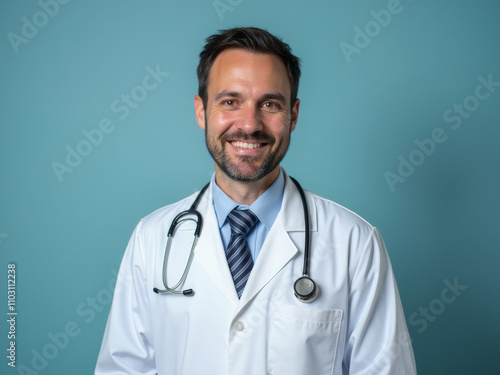 A photo of doctor smile in front of camera on background