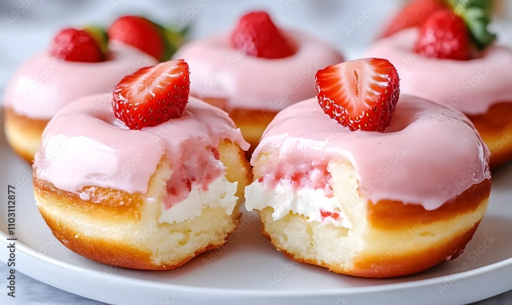 Fluffy donuts filled with a rich and creamy strawberry cheese filling, topped with a glossy strawberry glaze and decorated with fresh strawberry slices. Generative AI Fluffy donuts filled with a rich and creamy strawberry cheese filling, topped with a glossy strawberry glaze and decorated with fresh strawberry slices. Generative AI
