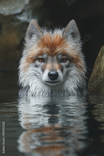 Wolf close-up with reflection in water, showcasing its majestic presence. Suitable for wildlife themes, banners, posters, wallpapers, and educational materials.

 photo