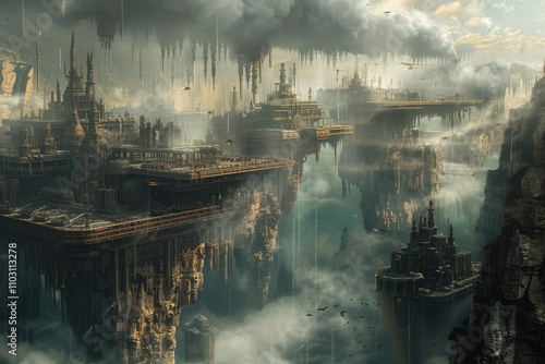 An Upside-Down Futuristic City Suspended Above a Misty Realm