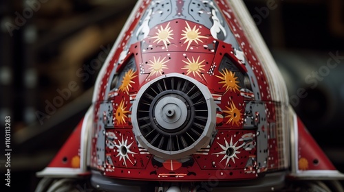 Striking closeup view of a tactical missile nose cone showcasing its intricate metallic textures geometric patterns and powerful industrial design photo