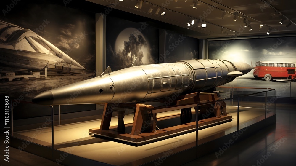 A historical depiction of an early missile design on display in a museum setting showcasing the evolution of aerospace technology and engineering innovations over time A historical depiction of an early missile design on display in a museum setting showcasing the evolution of aerospace technology and engineering innovations over time