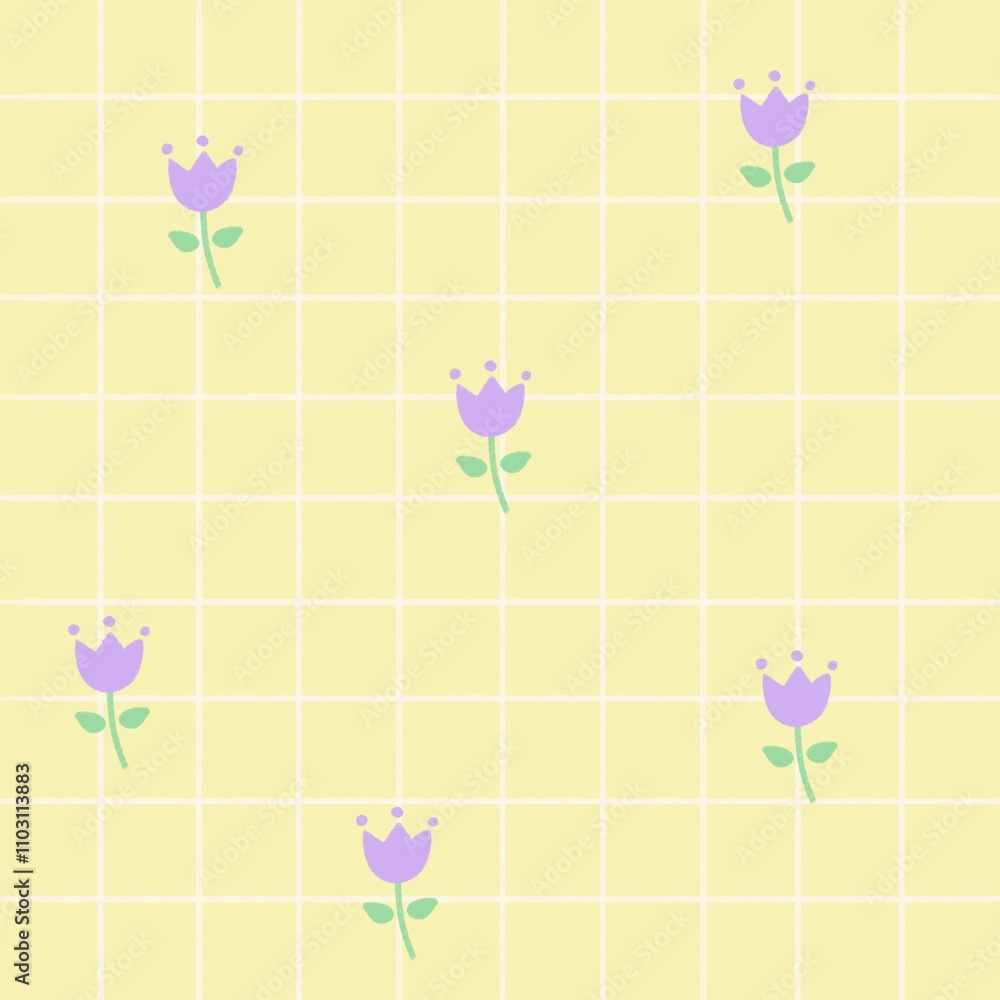 Yellow background with checkered pattern and purple flowers Yellow background with checkered pattern and purple flowers