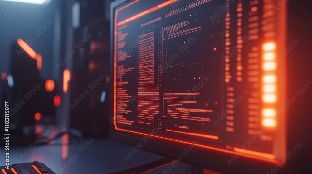 Futuristic Computer Screen Displaying Data with Neon Orange Glow Futuristic Computer Screen Displaying Data with Neon Orange Glow
