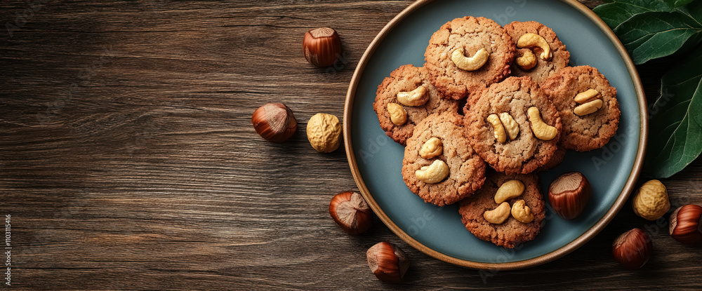 gourmet nut cookies on rustic wooden table with hazelnuts and cashews gourmet nut cookies on rustic wooden table with hazelnuts and cashews
