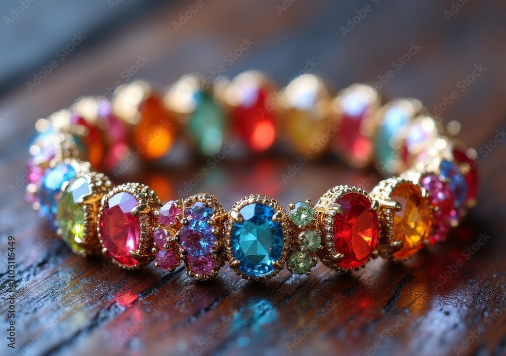 Colorful bracelet with gemstones displayed on a rustic wooden surface in natural light Colorful bracelet with gemstones displayed on a rustic wooden surface in natural light