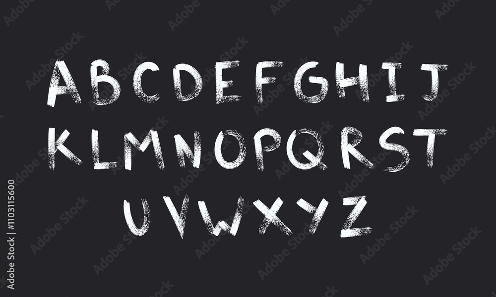 A complete hand-drawn uppercase grunge alphabet in white textured strokes, displayed on a dark black background, ideal for creative typography and design projects A complete hand-drawn uppercase grunge alphabet in white textured strokes, displayed on a dark black background, ideal for creative typography and design projects