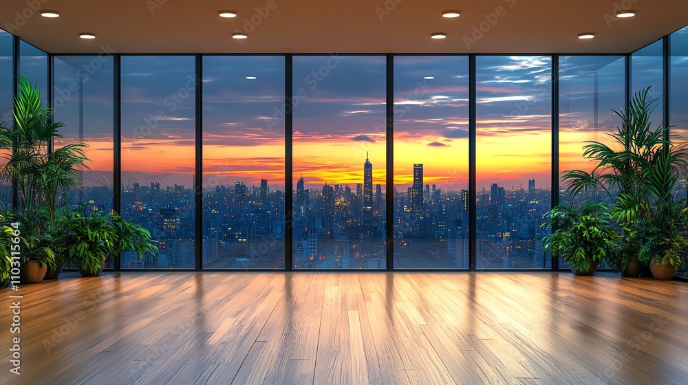 Fototapeta premium Modern office with stunning city skyline view.