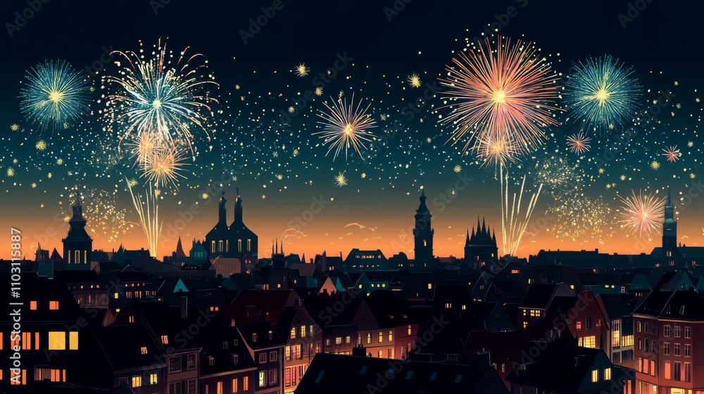 Naklejka premium Vibrant New Year banner featuring fireworks explosion background on a colorful night sky,perfect for web or print card, poster. Flat style vector art. 