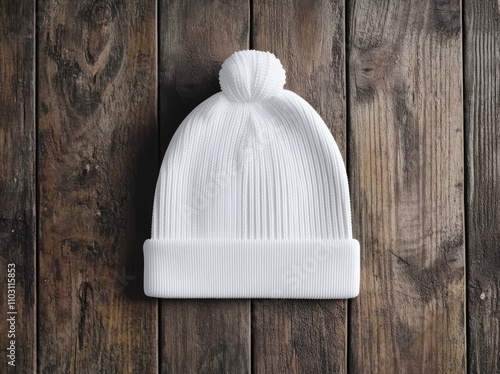 stylish white beanie hat on wooden background, fashion mockup photo