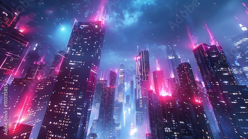 A vibrant futuristic cityscape with neon lights and towering skyscrapers under a dramatic sky.