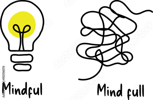 Mindful vs. Mind Full - Light bulb and Tangled Lines Vector Illustration