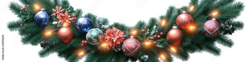 Christmas garland decorated with blue and red ornaments, poinsettias, and glowing lights, perfect for festive themes, seasonal decorations, and holiday designs
Christmas garland decorated with blue and red ornaments, poinsettias, and glowing lights, perfect for festive themes, seasonal decorations, and holiday designs