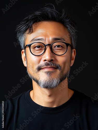 Portrait of a young South Korean man with a beard with a thoughtful expression, soft studio lighting on a dark background