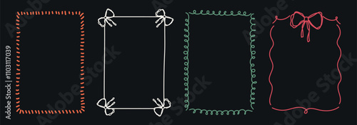 Hand Drawn frame set with doodle bows, ribbons. Whimsical line borders for birthday, christmas, wedding Invitations. Coquette bow set. Vintage minimalist elements in trendy line art style. Vector illu