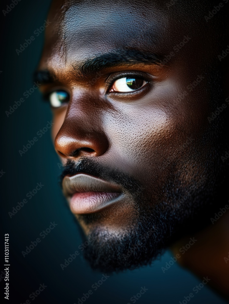 Portrait of a young Sudanese man with a beard with a thoughtful expression, soft studio lighting on a dark background Portrait of a young Sudanese man with a beard with a thoughtful expression, soft studio lighting on a dark background