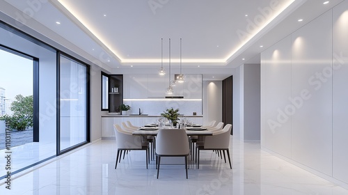 2409_021.3d rendering architectural visualization of a stylish modern dining area for  cozy home  front elevation view  advanced model full scene  800 mm  tint shift  elegant lighting with pendant