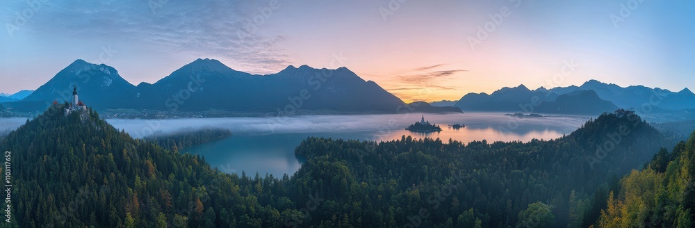 Breathtaking Panoramic View of Lake Bled at Sunrise with Misty Landscape, Mountains, Forests, and Tranquil Water Reflecting Colorful Skies Above in Slovenia's Natural Beauty Breathtaking Panoramic View of Lake Bled at Sunrise with Misty Landscape, Mountains, Forests, and Tranquil Water Reflecting Colorful Skies Above in Slovenia's Natural Beauty