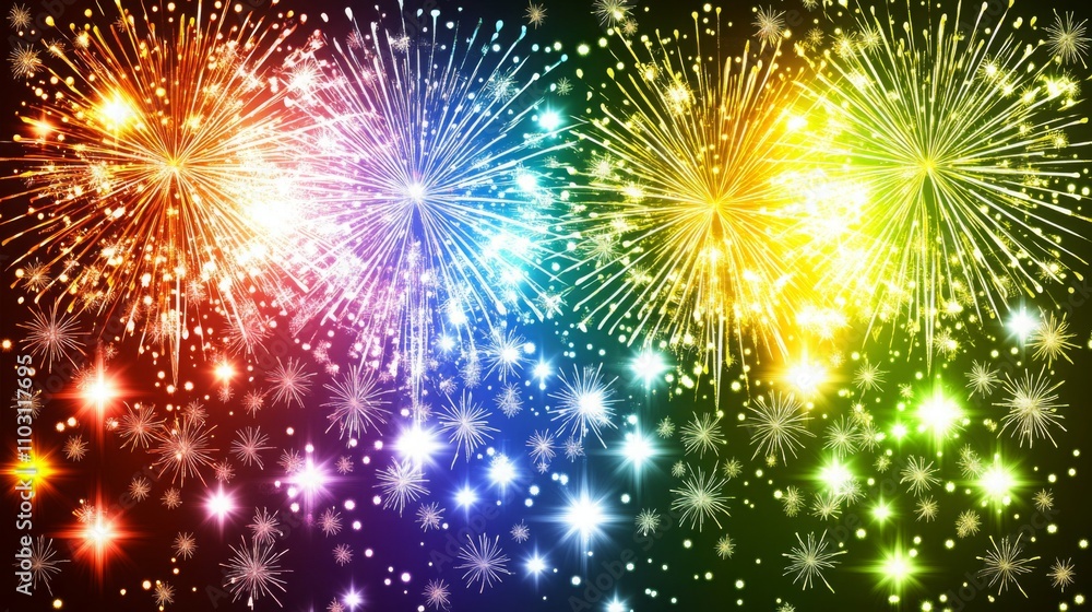 Vibrant New Year banner featuring fireworks explosion background on a colorful night sky,perfect for web or print card, poster. Flat style vector art.
Vibrant New Year banner featuring fireworks explosion background on a colorful night sky,perfect for web or print card, poster. Flat style vector art.