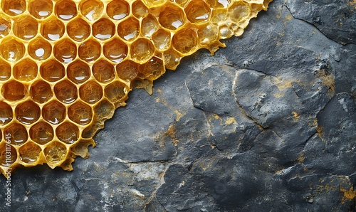 Honeycomb Filled With Golden Honey On Dark Stone photo