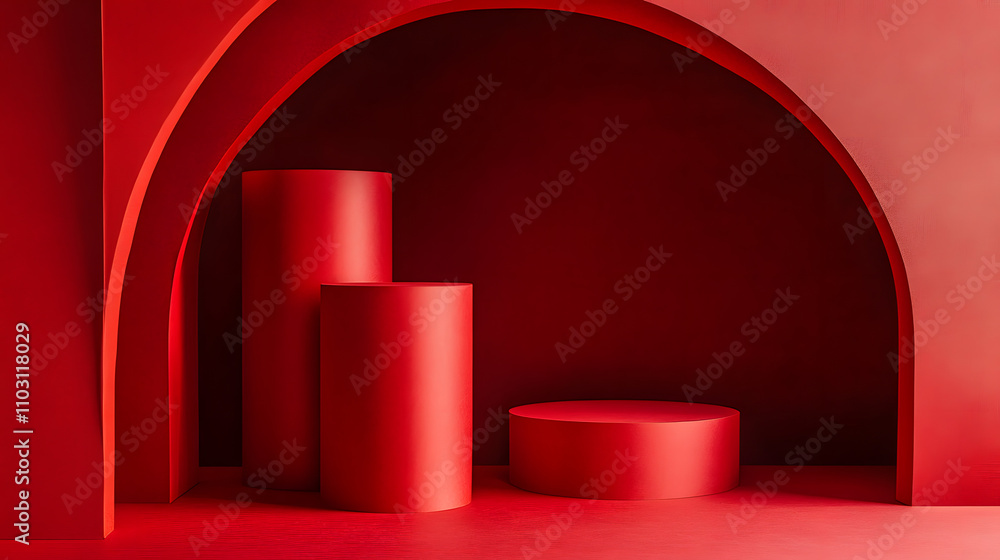 Red Podiums with Curved Paper Arch Minimalist Product Display Background. Red Podiums with Curved Paper Arch Minimalist Product Display Background.