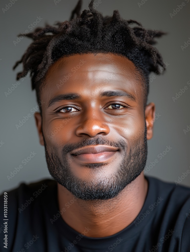 Obraz premium Portrait of a young Togolese man with a beard with a thoughtful expression, soft studio lighting on a dark background