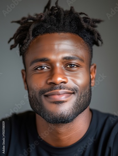 Portrait of a young Togolese man with a beard with a thoughtful expression, soft studio lighting on a dark background