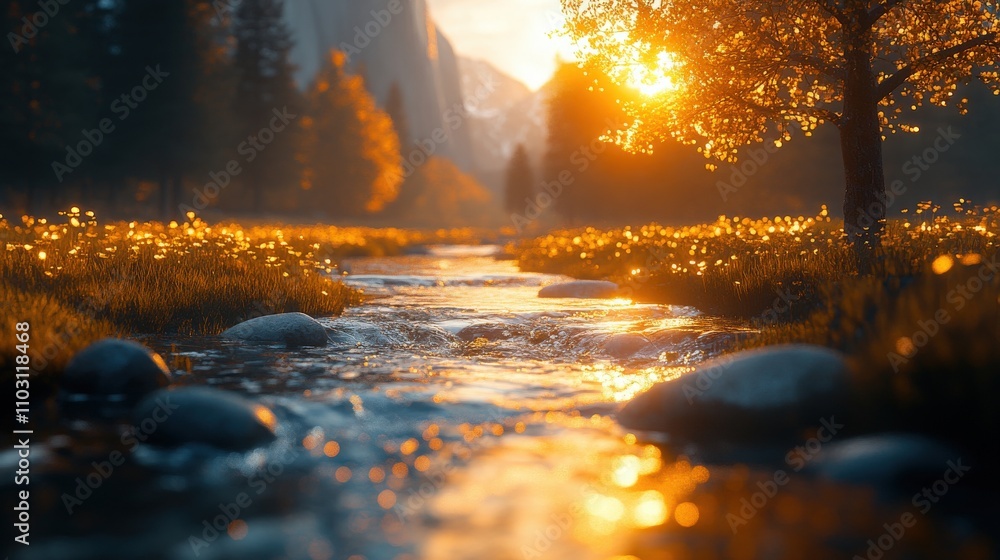 Tranquil River Scene at Sunset with Glowing Light, Lush Greenery, and Majestic Mountains in the Background Showcasing Nature's Serenity and Beauty Tranquil River Scene at Sunset with Glowing Light, Lush Greenery, and Majestic Mountains in the Background Showcasing Nature's Serenity and Beauty