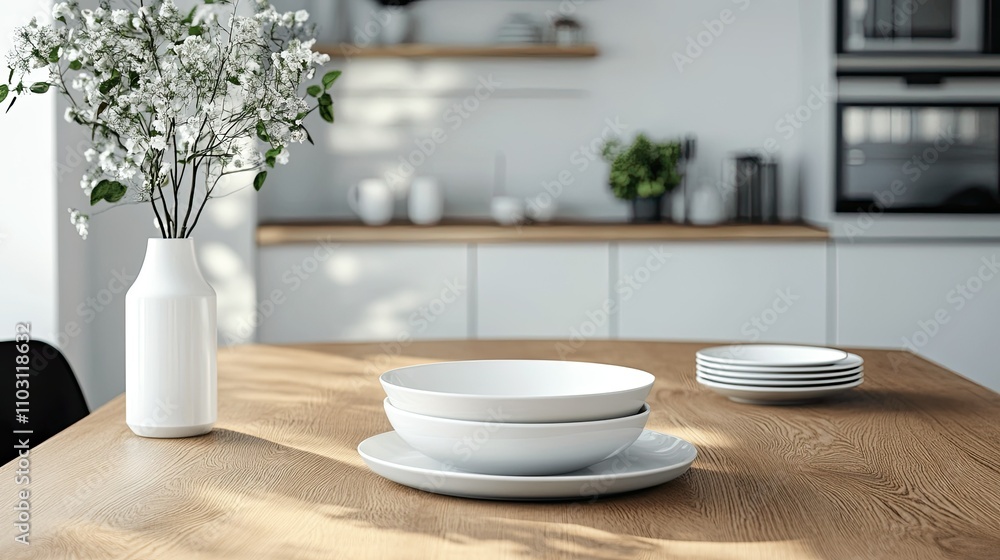 A clean and modern kitchen table with a set of ceramic plates and bowls, empty space for writing A clean and modern kitchen table with a set of ceramic plates and bowls, empty space for writing