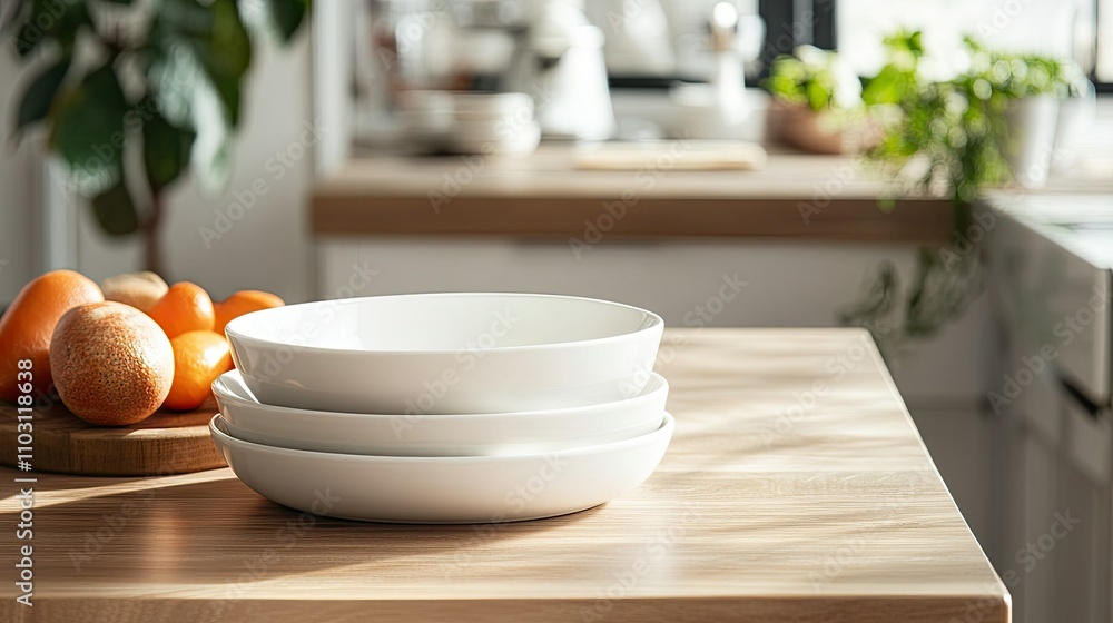 A clean and modern kitchen table with a set of ceramic plates and bowls, empty space for writing A clean and modern kitchen table with a set of ceramic plates and bowls, empty space for writing