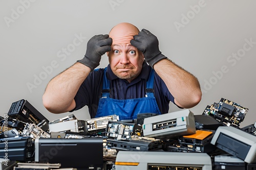 A frustrated worker surrounded by discarded electronic devices, highlighting e-waste issues. photo