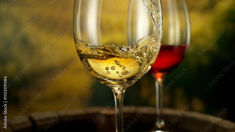 Close-up of white wine pouring into glass on vineyards , freeze motion Close-up of white wine pouring into glass on vineyards , freeze motion