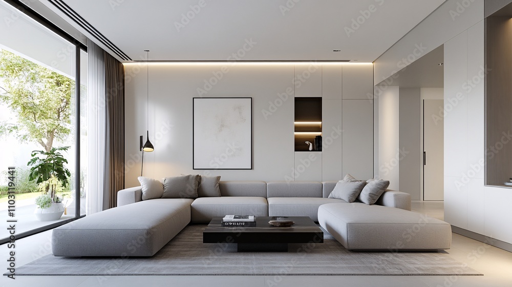 Fototapeta premium 2409_049.3d rendering architectural visualization of a stylish modern family room for cozy home, front elevation view, advanced model full scene, 800 mm, tint shift, elegant lighting with pendant