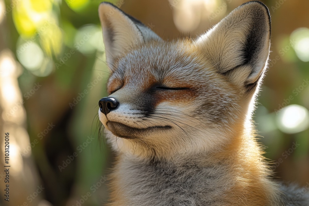 Obraz premium Fox basking in sunlight with a relaxed expression, suitable for wildlife-themed posters, nature wallpapers, and educational illustrations.