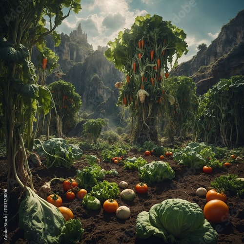 A surreal painting where vegetables grow as trees in a fantasy landscape.
