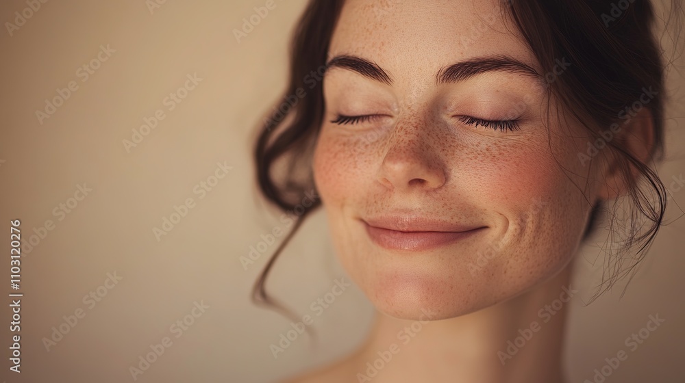 Young Woman with Freckles Smiling Naturally Against Soft Background Young Woman with Freckles Smiling Naturally Against Soft Background