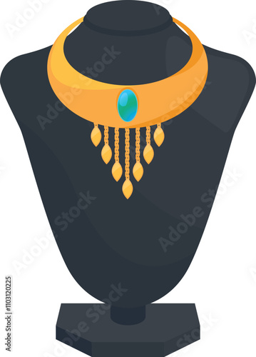A gold necklace with a blue stone pendant is displayed on a black mannequin