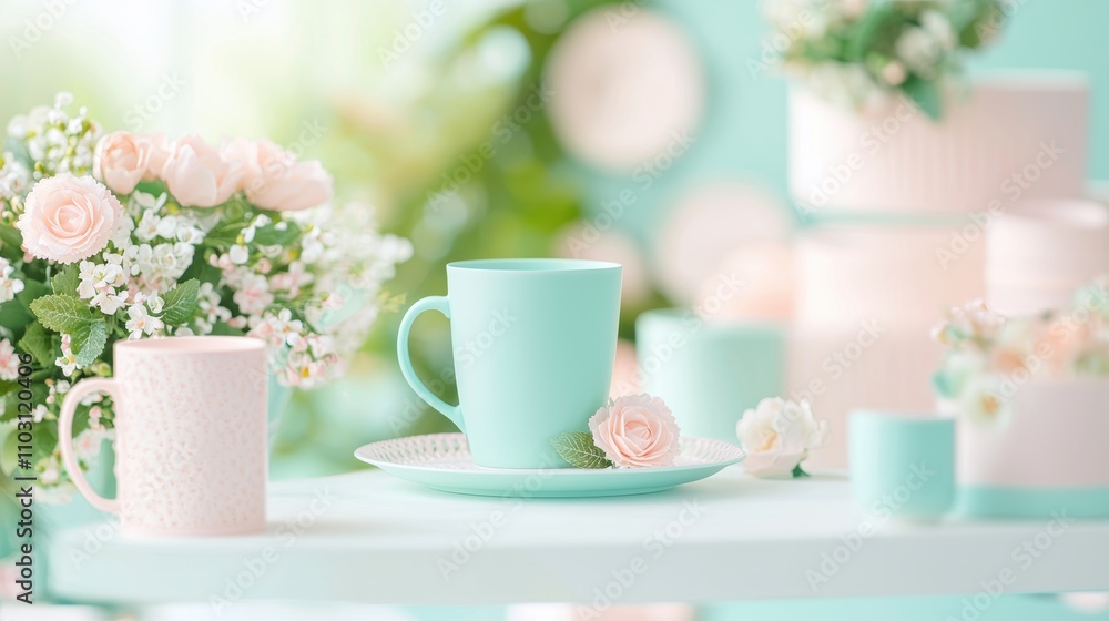 A table setting for a spring brunch, featuring pastel colored tableware, floral centerpieces, and delicate lace details, evoking a sense of freshness and elegance. A table setting for a spring brunch, featuring pastel colored tableware, floral centerpieces, and delicate lace details, evoking a sense of freshness and elegance.