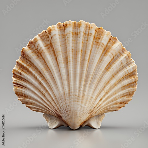 A detailed, realistic illustration of a scallop shell showcasing its texture and patterns.