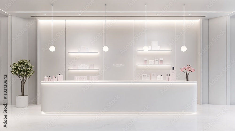 Fototapeta premium 2409_066.3d rendering architectural visualization of a stylish modern sample station for cosmetics retailer, front elevation view, advanced model full scene, 800 mm, tint shift, elegant lighting