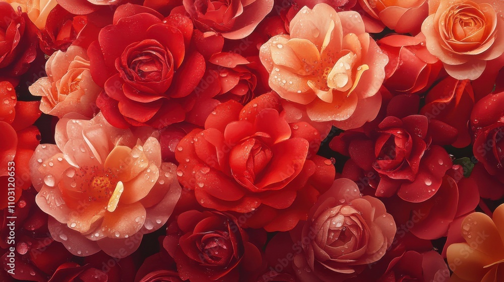 Vibrant Red and Pink Roses with Dew Drops on Petals Vibrant Red and Pink Roses with Dew Drops on Petals