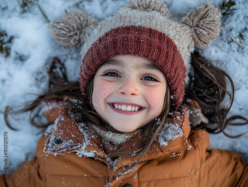 happy 5 year old girl wearing winter clothing smiles joyfully while lying in snow, surrounded by winter wonderland. Her playful expression captures joy of season photo