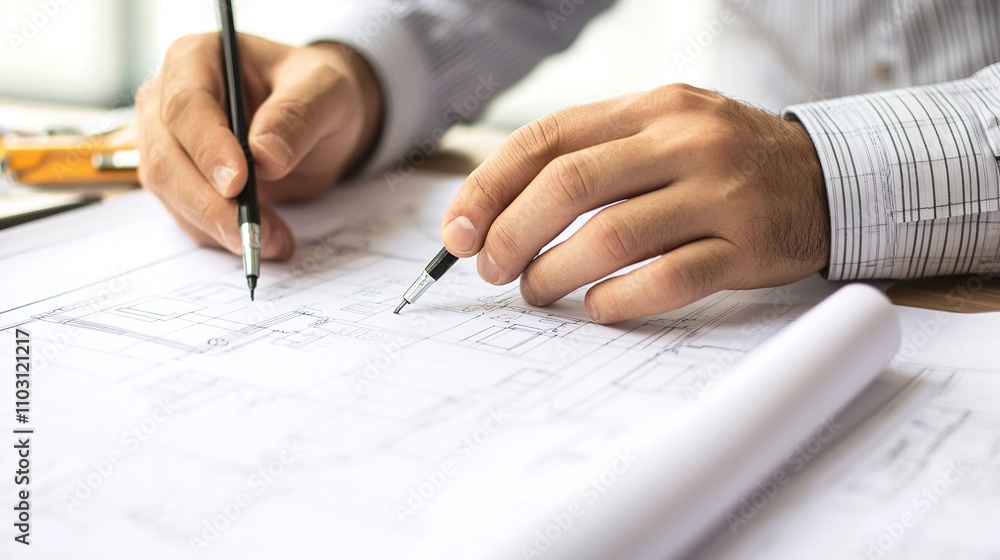 Hands Sketching Blueprints with Pens on Architectural Drafting Paper Hands Sketching Blueprints with Pens on Architectural Drafting Paper