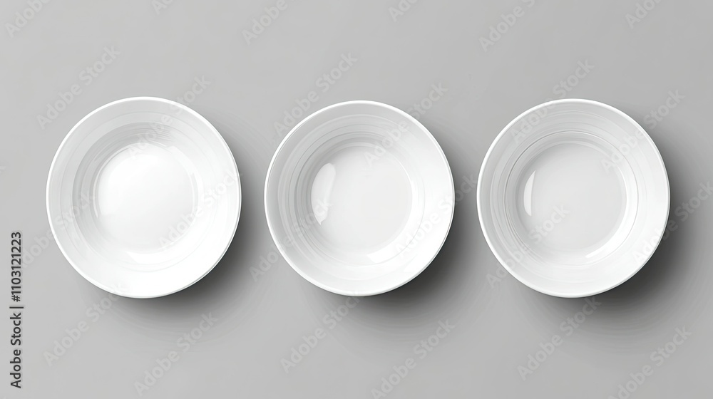 Three Empty White Plates on Gray Background for Minimalist Design Three Empty White Plates on Gray Background for Minimalist Design