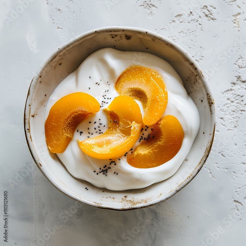 A bowl of creamy yogurt topped with peach slices and black seeds.