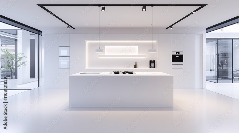 2409_080.3d rendering architectural visualization of a stylish modern test kitchen for cookware store, front elevation view, advanced model full scene, 800 mm, tint shift, elegant lighting with 2409_080.3d rendering architectural visualization of a stylish modern test kitchen for cookware store, front elevation view, advanced model full scene, 800 mm, tint shift, elegant lighting with