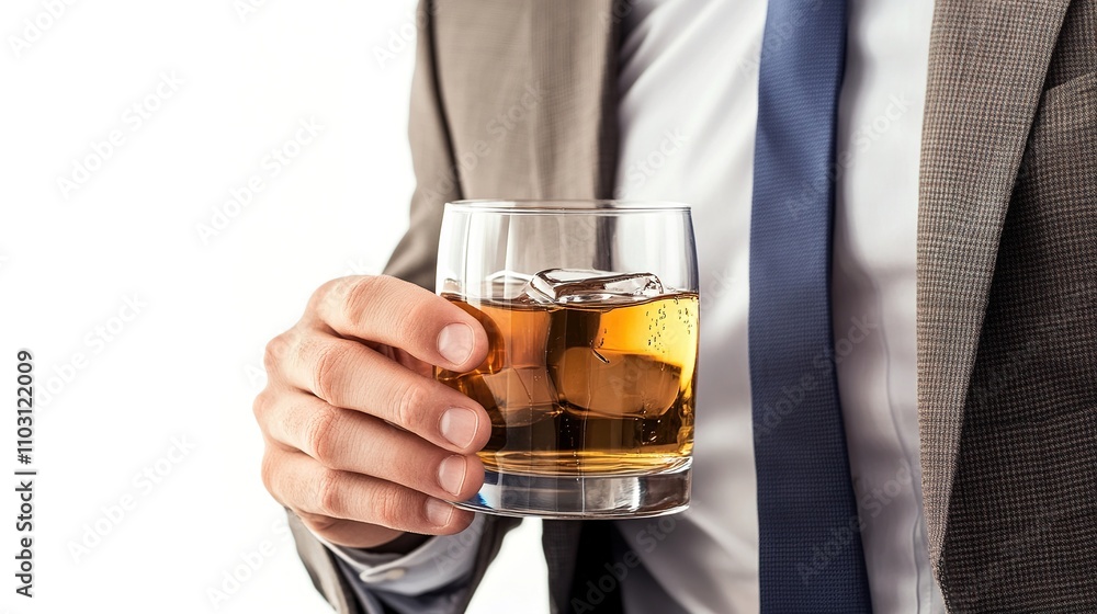 Elegant Man in Suit Holding Glass of Whiskey with Ice Cubes Elegant Man in Suit Holding Glass of Whiskey with Ice Cubes