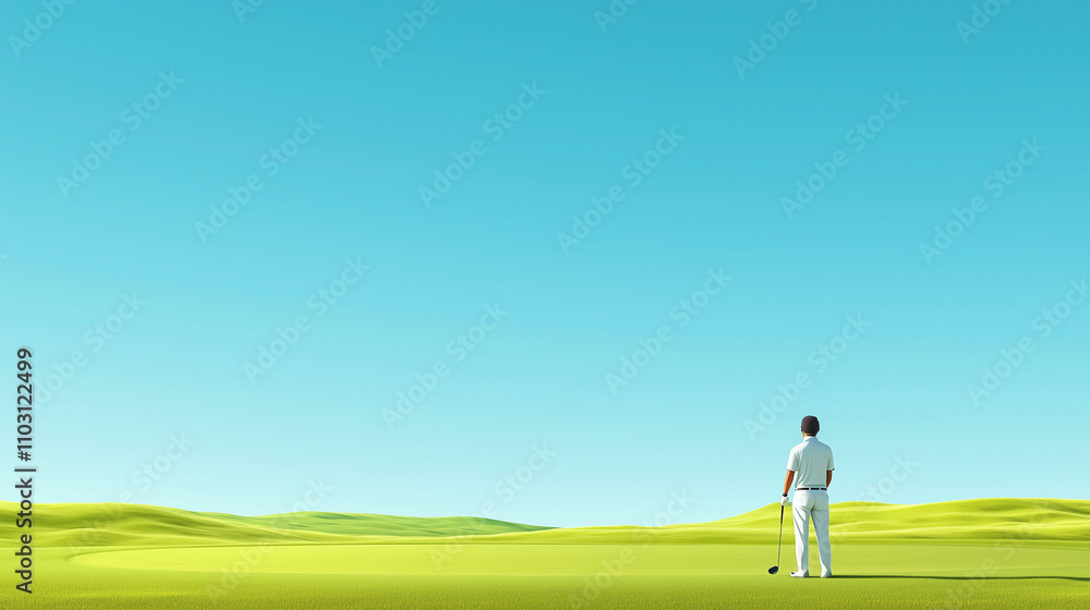 Golfer in White Outfit Standing on Green Field with Clear Blue Sky Golfer in White Outfit Standing on Green Field with Clear Blue Sky